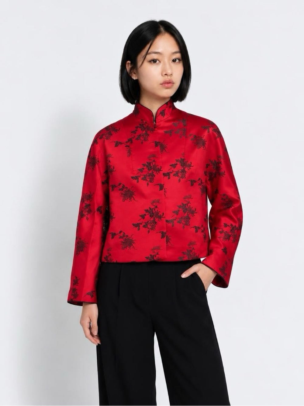 Designed by Betty Clemo ~ Mandarin Collar Red Floral Satin Tunic Top/Jacket M
